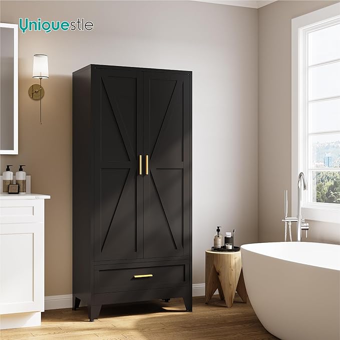 71" Tall Metal Armoire Wardrobe Closet,17.7" Deep By 31.5" Wide Portable Closet for Hanging Clothes,Wardrobe Cabinet with Drawer and Shelve for Bedroom Office Garage,Black 1 Pack