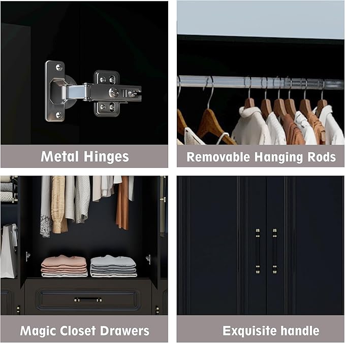 Wooden Armoire Wardrobe Closet：Modern Armoire Wardrobe Closet with 4 Doors, 2 Drawers and Hanging Rods for Tall Cabinet, Large Capacity Clothes Storage Cabinet for Bedroom Home, Black