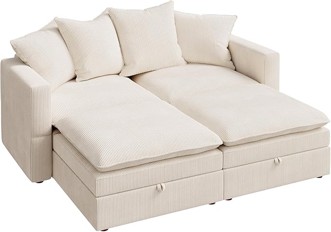 HONBAY Modular Sectional Sleeper Sofa, Corduroy 4 Seater Couch with Storage, Sectional Sleeper Couches for Living Room, Beige