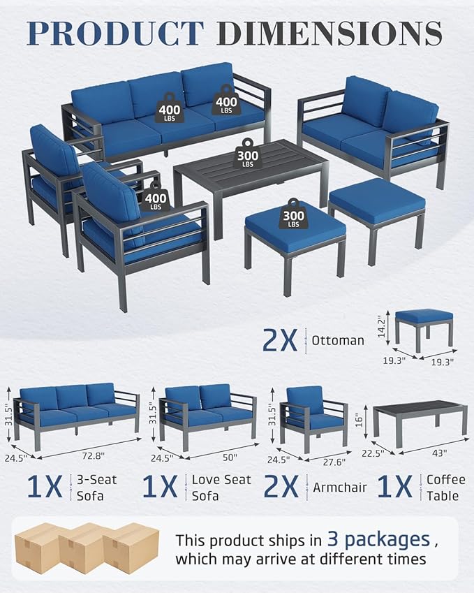 AECOJOY Aluminum Patio Furniture Set, 9 Seats Modern Outdoor Furniture with Coffee Table, 7 Pieces Metal Conversation Sectional Sofa, Blue