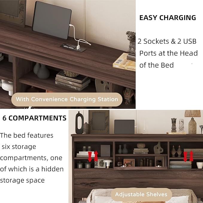 Merax 4-Pcs Queen Size Bed Frame & Dresser & 2 Night Stand Bedroom Set, Platform Bed with USB Charging Ports Storage Headboard, Cabinet Dresser with 5 Drawers, Nightstands, Wooden, Dark Walnut