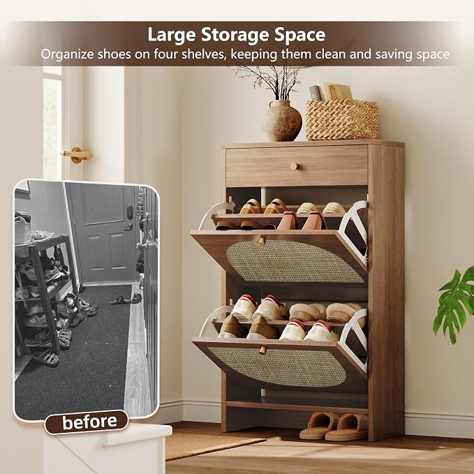 Nicetree Shoe Cabinet for Entryway, Slim Shoe Rack with 2 Flip Drawers and Top Storage Drawer, Narrow Shoe Organizer with Printed Rattan-Look Design, Entryway Shoe Storage for Size 12 Shoes, Caramel - Image 5