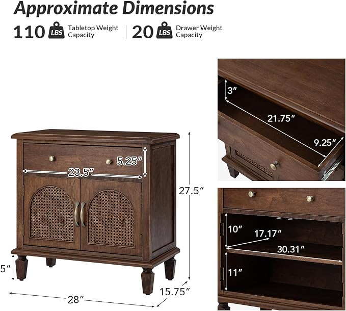 HULALA HOME End Table with Doors and Drawer, Traditional Side Table with Solid Wood Legs, Adjustable Shelf, Charging Station, Walnut - Image 2