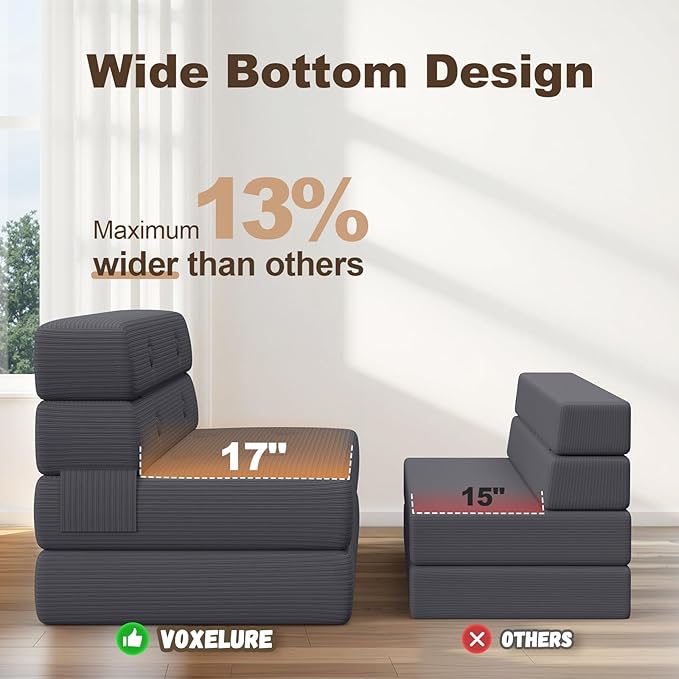 Folding Sofa Bed, Convertible Sleeper Chair & Couch Bed with Pillow, One-Piece High-Density Sponge Mattress, Multi-Purpose Corduroy Floor Sofa for Living Room, Office, Apartment, Grey, Twin