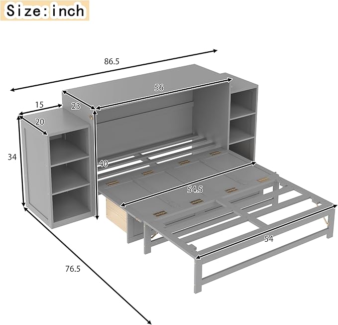 Bellemave Full Size Murphy Bed, Cabinet Bed with 2 Shelves and Storage Drawers, Farmhouse Murphy Cabinet, Noisy Free, for Guest Bedroom, Living Room, Office, Light Gray