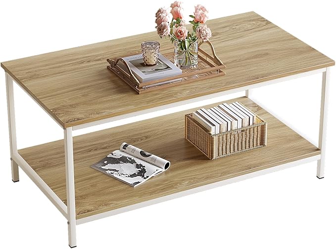 SAYGOER Coffee Table with Storage 2-Tier Industrial Center Table for Living Room, Rectangle Wood Table for Small Spaces Apartment Home Office, Beige White