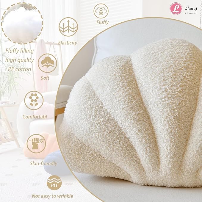Lfsaaj Beige Seashell Throw Pillows, Shell Shaped Throw Pillows, 13 Inch Soft Home Decorative Pillow Plush Cushion for Bed Couch Living Sofa Room Decor Accent Throw Pillow