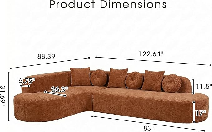 123" Boneless Modular Sectional Sofa, Modern Curved L-Shaped Cloud Foam Couch with High Density Sponge & Pocket Spring, Chenille Fabric, Non-Assembly Frameless Floor Sofa for Living Room | Plush, Wider Armrest
