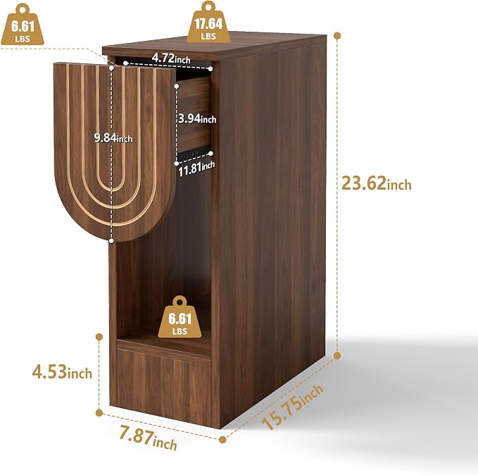 weselon Narrow Nightstand, Mid-Century Modern Bedside Table with Carved Drawer and Storage Shelf, Slim Side End Table for Bedroom Small Space, Wooden Farmhouse Night Stand (1, Walnut) - Image 2
