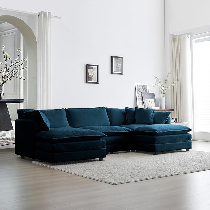 KEIKI Combination Sofa, Upholstered 5 Seater Couch, Oversized U Shaped Sectional Sofa with Reversible Ottoman for Living Room Bedroom Office, Blue