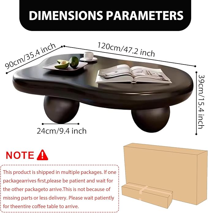 Modern Wooden Coffee Table Cloud Coffee Table Cute Central Living Room Low Table Irregular Indoor End Table Black Coffee Tables with 3 Ball Legs for Living Room Bedroom (Black Round Leg B 47.2 inch)