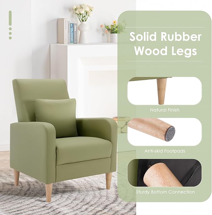 COLAMY Faux Leather Living Room Accent Chair Armchair with Pillow, Reading Side Chair,Single Sofa with Wood Legs, L-Green