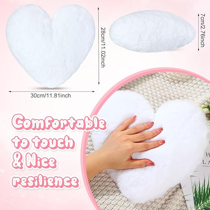 Marsui 2 Pcs Heart Throw Pillows, Soft Fluffy Faux Fur Decorative Hearts Shaped Pillows for Living Room Sofa Bed, Cute Heart Themed Gift for Women(White,11.81 x 11.02 Inch)