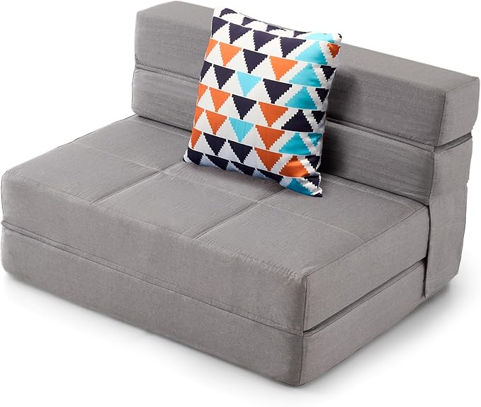 ARTPLAN Fold Sofa Bed-Sleeper Single with Pillow, Modern Futon Sleeper Chair Guest Bed with Washable Linen Cover, Foldable Mattress for Living Room, Dorm, Apartment,Light Gray