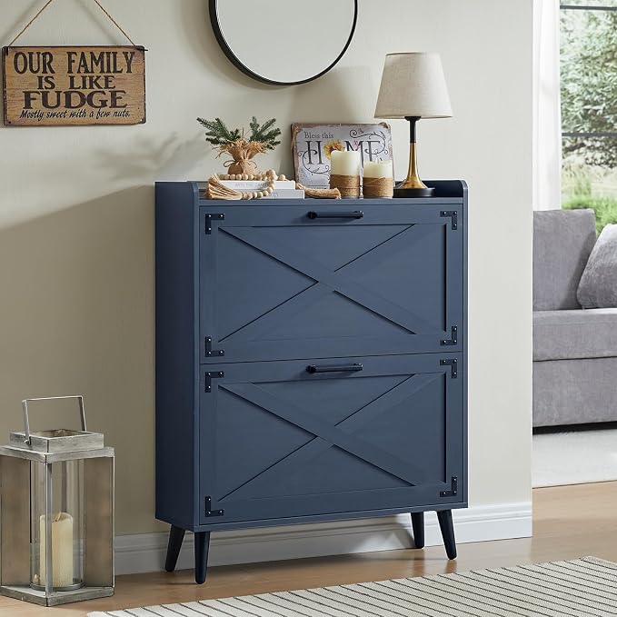 Barnyatoh Shoe Storage Cabinet,Farmhouse Shoe Organizer with 2 Flip Drawers & Barn Door Design,Freestanding Hidden Slim Narrow Shoe Rack Cabinet for Entryway,Foyer,Hallway,Navy Blue by Barnyatoh