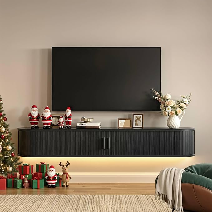 63" Floating TV Stand with Power Outlet for TVs up to 75", Fluted Entertainment Center with Remote Control for LED Lights, Mid-Century Modern TV Console w/Sliding Door for Living Room, Bedroom Black by ONBRILL