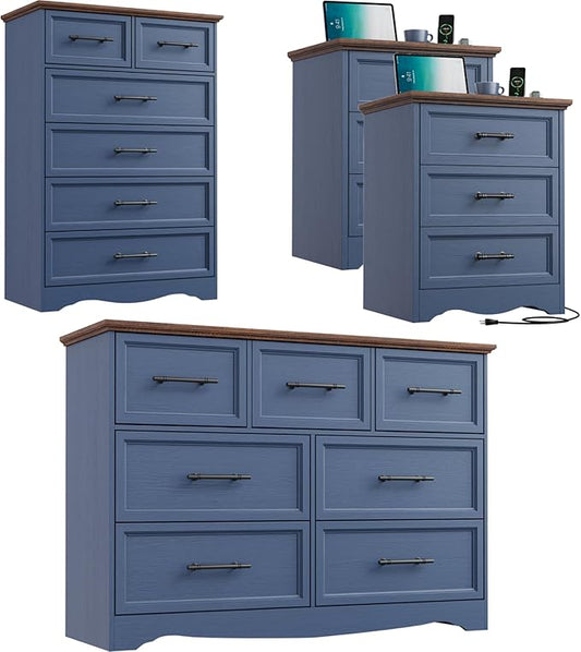 Bedroom Set, 4 Pieces Bedroom Furniture Set, 47"W 7 Drawer Dresser, 44"H 6 Drawer Dresser and 3 Drawers Nightstands with Charging Station, Farmhouse Storage Organizer Cabinet for Bedroom, Blue