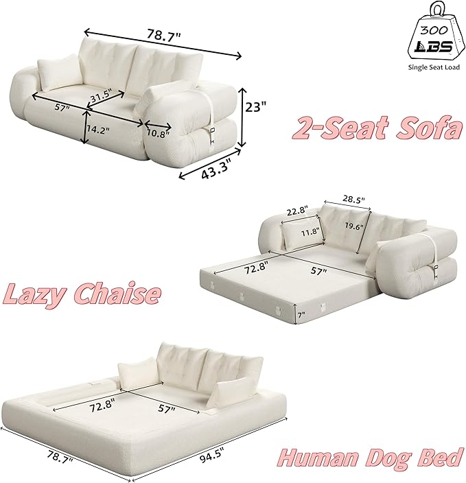 KEIKI 78.7" Foldable Human Dog Bed – 3-in-1 Multi-Functional Sofa Bed, Foam-Filled Teddy Fabric Sleeper for Living Room, Guest Room, or Playroom – Pink