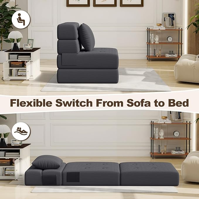 Folding Sofa Bed, Convertible Sleeper Chair & Couch Bed with Pillow, One-Piece High-Density Sponge Mattress, Multi-Purpose Corduroy Floor Sofa for Living Room, Office, Apartment, Grey, Single