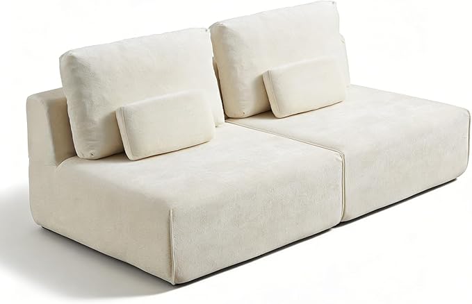 Modular Sectional Sofa, 2-Piece Beige Plush Velvet Loveseat Couch, No-Assembly Compressed Deep-Seat 2-Seat for Small Spaces Living Rooms Dorms