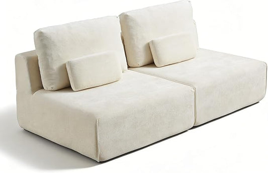 Modular Sectional Sofa, 2-Piece Beige Plush Velvet Loveseat Couch, No-Assembly Compressed Deep-Seat 2-Seat for Small Spaces Living Rooms Dorms