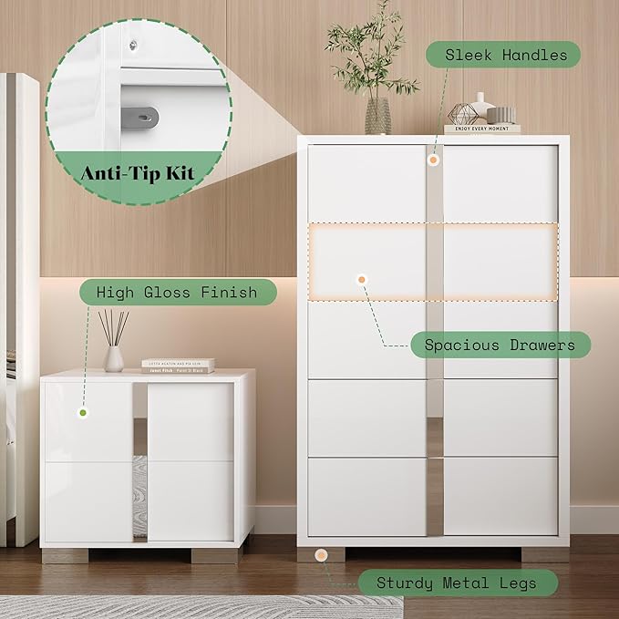 AMERLIFE 5-Piece Modern Bedroom Sets with King Size Upholstered Platform Bed Frame, 58" Wingback Headboard, Spacious 6-Drawer Dresser, Tall Chest, and 2 Coordinated Nightstands, Cream and White