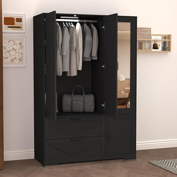 Armoire Wardrobe Closet, 72'' Wardrobe Cabinet with 2 Drawers & Mirror, 3 Doors Bedroom Clothes Closet with Hanging Rod & Built-in Light, Wooden Wardrobe Cabinet with Adjustable Shelf for Bedroom