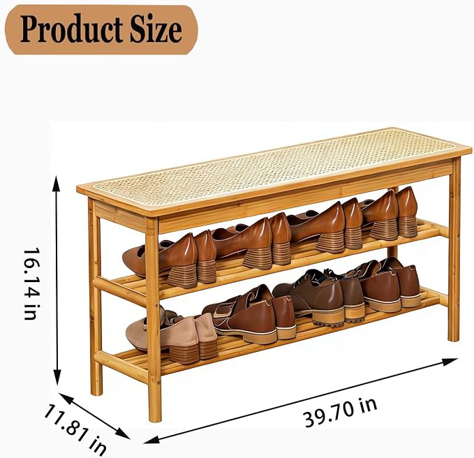 latifolia Shoe Rack Bench, 3-Tier Bamboo Shoe Bench with Breathable Rattan Seat Cushion, Shoe Storage Rack for Entryway(Nautre,39.70''L) - Image 2