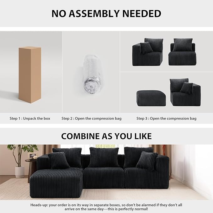Deep Seat L Shaped Couch, Modular Boneless Sectional Sofa, Modern Cloud Sectionals, No Assembly Living Room Couch with Ottoman for Living Room, Apartments & Bedroom (3 Seat + 1 Ottoman)