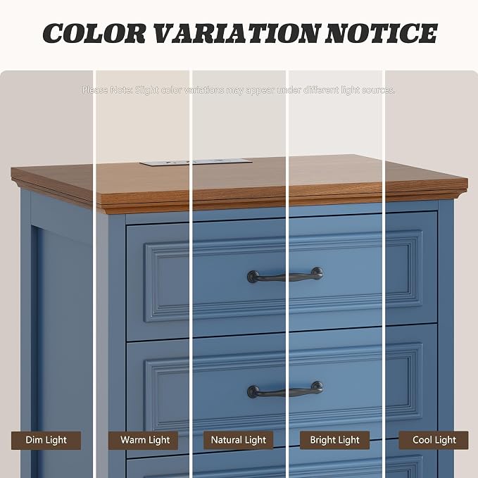 Farmhouse Nightstand Set of 2, Wood Night Stand with 3 Drawers and Charging Station Modern Bedside Table for Bedroom End Side Table Storage Cabinet Small 6 Drawers Dresser (2, Blue) - Image 6