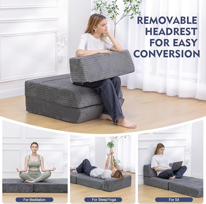 Futon Sofa Bed,Sleeper Chair - Convertible Sectional Sleeper Sofa, Floor Bed Mattress for Guest Bed,Removable Zippered Back Support, Perfect for Living Room and Bedroom (Gray)