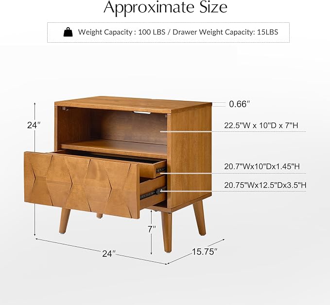 HULALA HOME Wood Nightstand with 1 Drawer & Open Shelf, Mid Century Modern Nightstand with Charging Station, Geometric Pattern Bedside Table for Bedroom, Acorn - Image 2