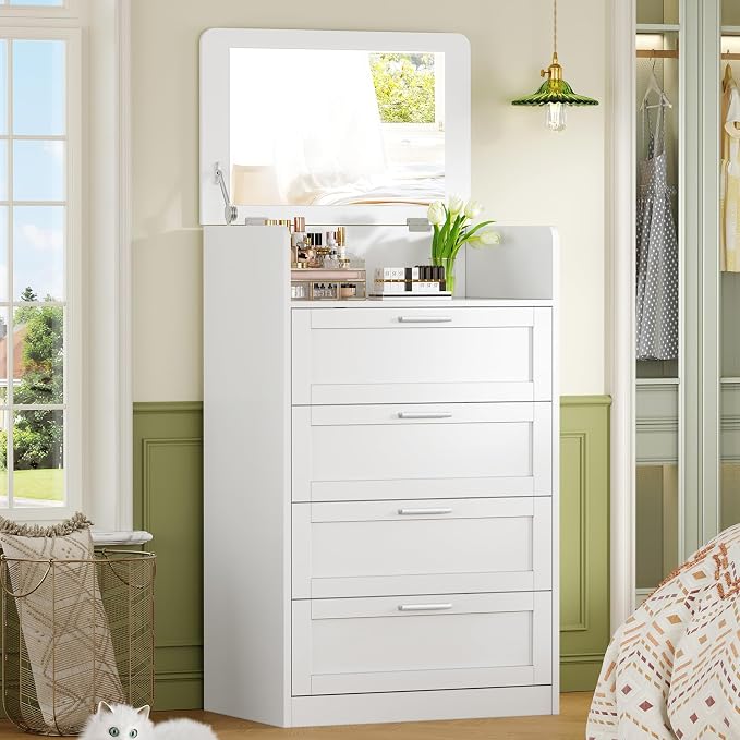 TEENFON Dresser for Bedroom, Tall White Dresser with 4 Drawers, Dressers with Mirror, Chest of Drawers for Bedroom, Living Room, Closet, Hallway, White by TEENFON