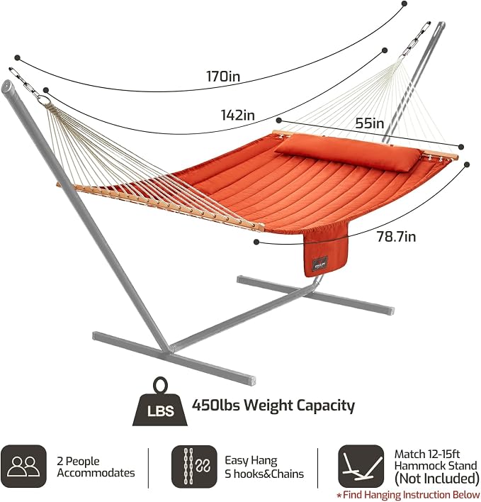 CHULIM Double Quilted Fabric Hammock with Hardwood Spreader Bars and Pillow 450 LBS Capacity 2 Person Large Hammock for Outdoor Patio Backyard Poolside - Terracotta - Image 6