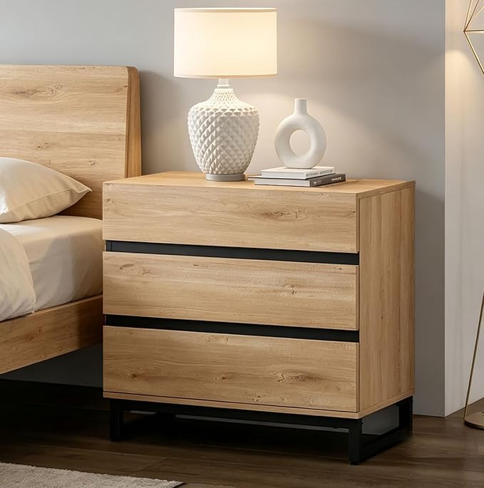 WAMPAT Nightstand with 3 Drawers for Bedroom, Modern Bedside Table with Black Square Metal Leg, Wood Rustic Side End Table, Oak, 2 Pcs - Image 6