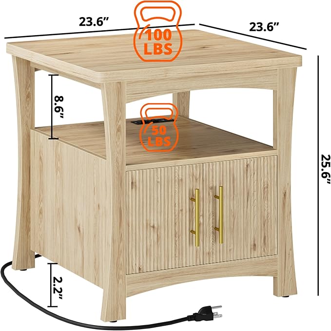 LIKIMIO Nightstand with Charging Station, Wood Night Stand, 23.6inch Large Bedside Table with Storage, End Table for Bedroom, Oak - Image 2