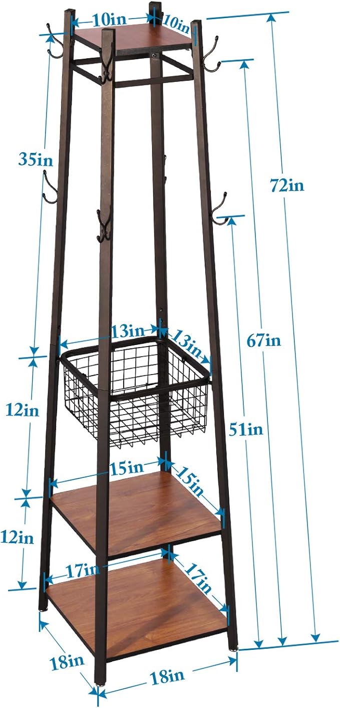 VECELO Coat Rack Freestanding, Entryway Hanger Stand, Umbrella Holder, Hall Tree With Hooks, Floor Standing Metal Tree Stand,Brown - Image 8