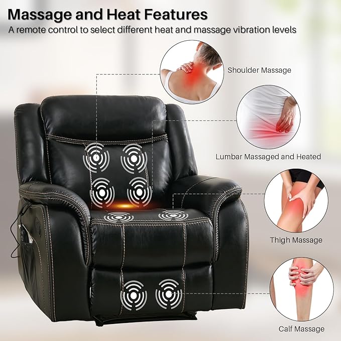 Massage Recliner Chair with Heat, Faux Leather Recliner Chairs for Adults, 39" Wide Manual Reclining Ergonomic Lounge Chair, Overstuffed Wall Hugger Recliners for Living Room, Black