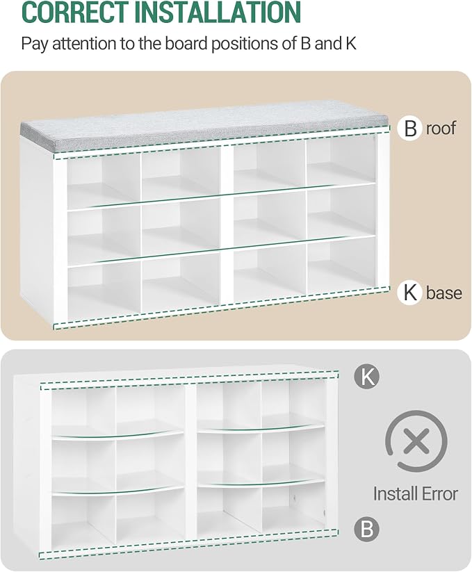 Hzuaneri Shoe Bench with Cushion, Entryway Storage Bench with 12 Cubbies, Cubby Shoe Rack with Adjustable Shelves, Shoe Organizer Cabinet for Living Room, Bedroom, Entryway, White SB19003GY - Image 8