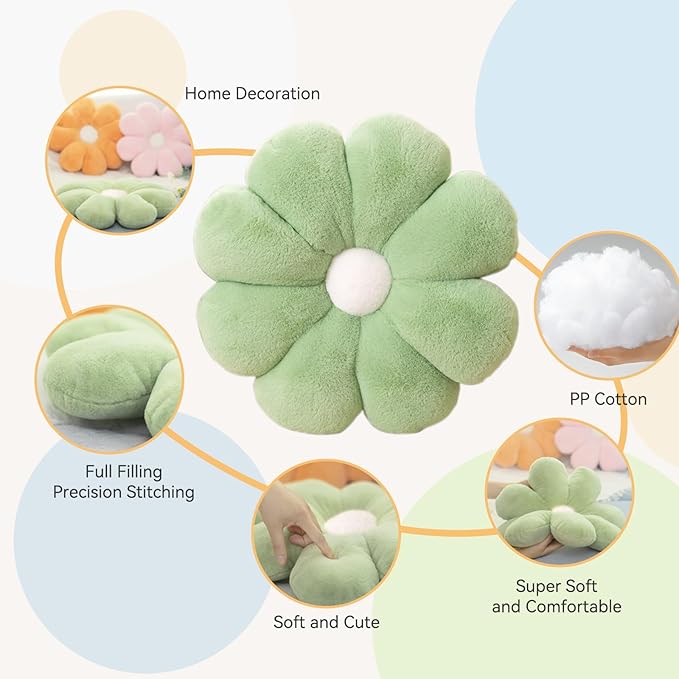FIONOUT Soft Sage Green Flower Throw Pillow 25.5" - Aesthetic Daisy Shaped Floor Cushion, Plush Decorative Pillow for Bed, Couch, Sofa, Girls Room, Bedroom & Home Decor