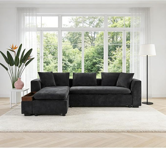 93.7" L-Shaped Sectional Sofa with Storage Chaise, Modern Couch for Living Room, Chenille Upholstered Couch with Deep Seats & Throw Pillows, Modern Corner Sofa for Living Room, Black