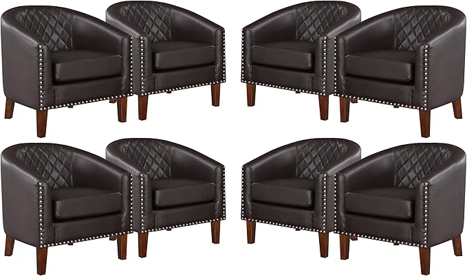 Prilinex Comfy Barrel Accent Chair Set of 8 - Faux Leather Living Room Chair Club Chair with Cushion, Diamond Grid Backrest & Nailhead Trim, Guest Chair for Office, Bedroom & Waiting Room, Brown