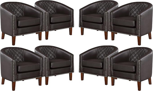 Prilinex Comfy Barrel Accent Chair Set of 8 - Faux Leather Living Room Chair Club Chair with Cushion, Diamond Grid Backrest & Nailhead Trim, Guest Chair for Office, Bedroom & Waiting Room, Brown