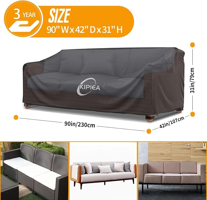 Kipiea Patio Sofa Cover, Heavy Duty Outdoor Couch Covers Waterproof Winter, 3-Seat Patio Furniture Cover Loveseat, Outdoor Sofa Covers with Anti UV and No Tears, No Fading (90"W x 42"D x 31"H) - Image 2