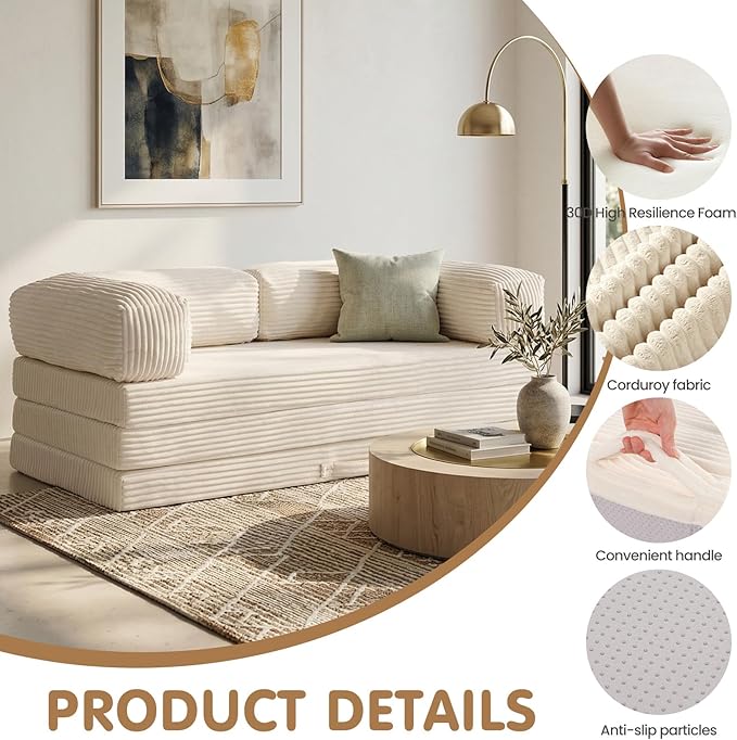 Folding Sofa Bed, Convertible Sleeper Chair with Pilow Foldable Matress, 2 in 1 Pull Out Loveseat Sofa Portable Fold Out Chair Bed Floor Couch Lounge for Living Room (Beige, Queen-82"L x 60"W)