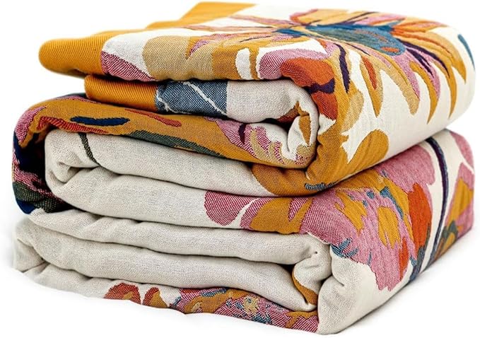 Boho Throw Blanket - 100% Cotton Soft Spring Throw Blanket for Bed, 50"x60" Reversible Breathable Lightweight Blankets, All Seasons Farmhouse Decor Floral Plant Butterfly Throw Quilt