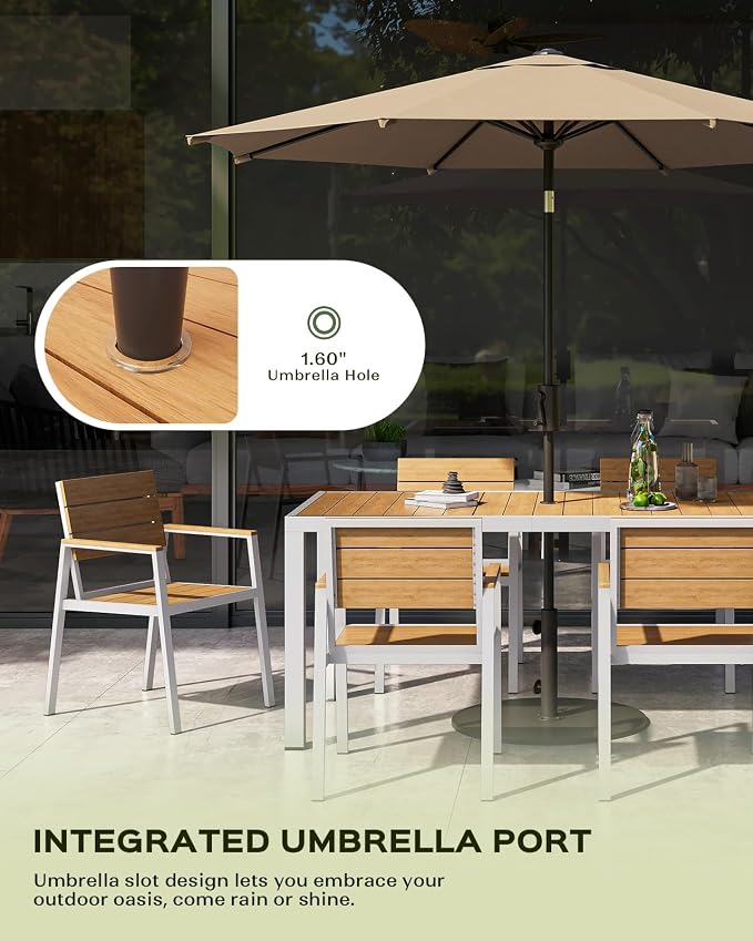 Vexwalx 5-Piece Outdoor Dining Set, Aluminum Dining Table Set for 4, Patio Table and Chairs Set with Umbrella Hole, All Weather HDPS Outdoor Table and Chairs for 4 (White-Teak) - Image 6