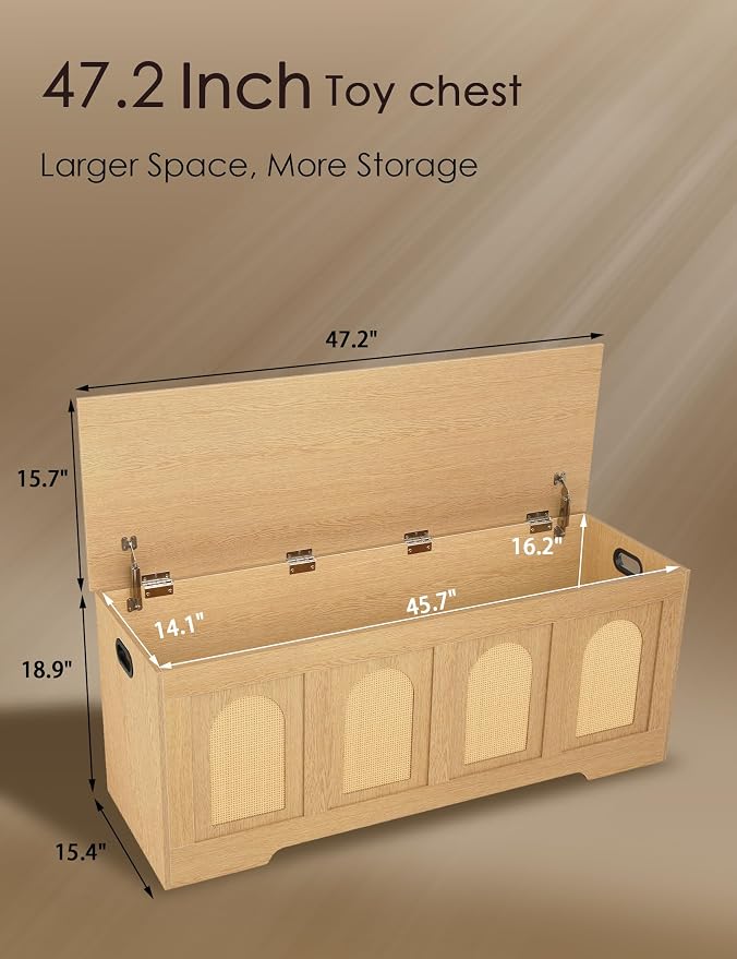 DINZI LVJ Storage Chest, 47.2" Rattan-Like Toy Box with 2 Safety Hinges, Wooden Entryway Storage Bench with Flip-Top, Large Trunk for Living Room, Bedroom, Easy Assembly, Natural - Image 3
