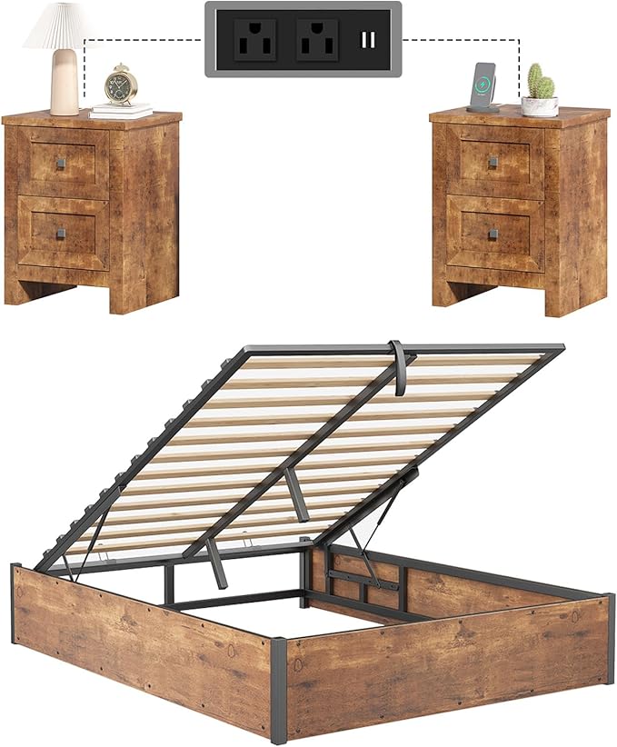 LUXOAK 3 Pieces Bedroom Sets, Includes Full Size Lift Up Storage Platform Bed Frame, 2 Drawers Farmhouse Nightstand Set of 2 with Charging Station, No Box Spring Needed, Rustic Brown