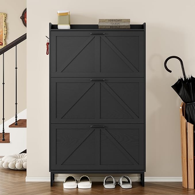 BORNOON Shoe Cabinet with 3 Flip Drawers Narrow Shoe Storage Cabinet Organizer Wooden Freestanding Shoe Rack Hidden Slim Shoes Storage Cabinet for Entryway, Hallway, Living Room, Bedroom - Image 4